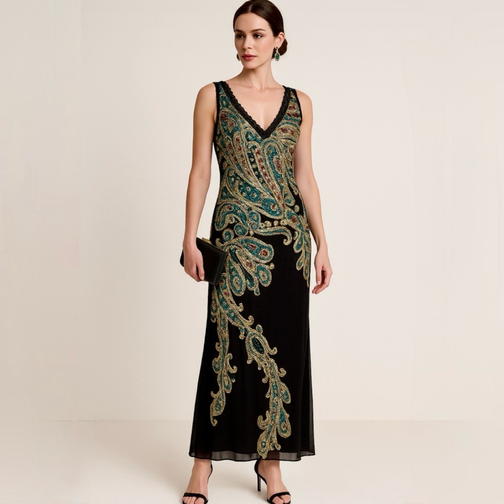 Vintage Y2K 90’s Paisley Paradise NY Beaded V Neck Maxi Dress Women’s Medium